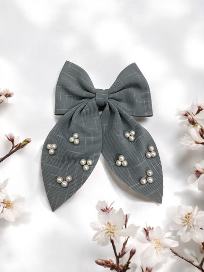 Plush Corduroy Bow Tail Clip With Pearls