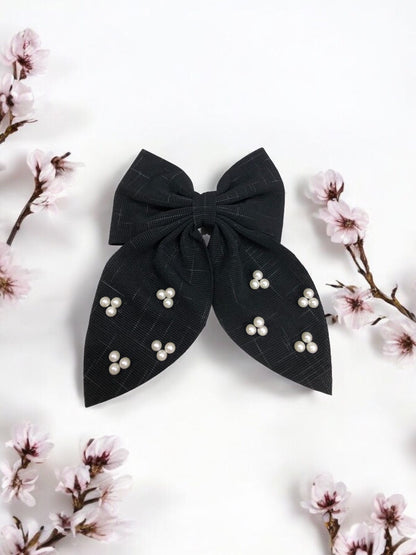 Plush Corduroy Bow Tail Clip With Pearls