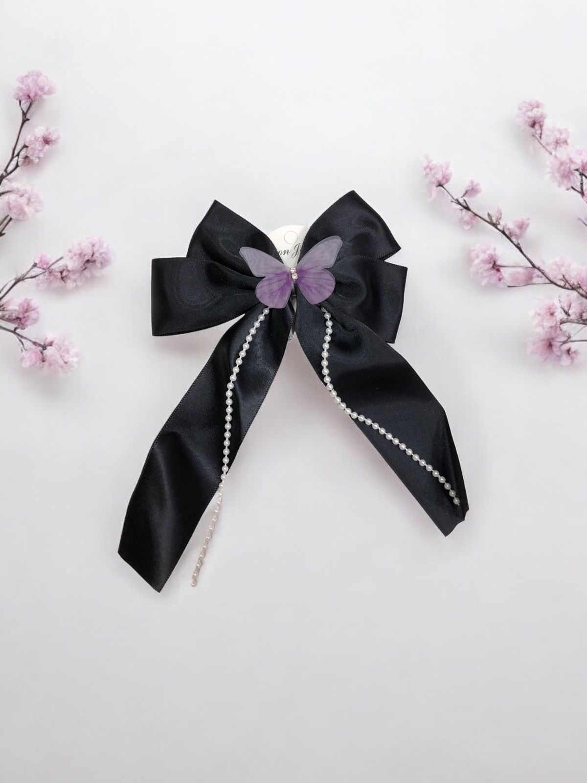 Satin Butterfly Bow Tails Hairpin With White Pearl Strings