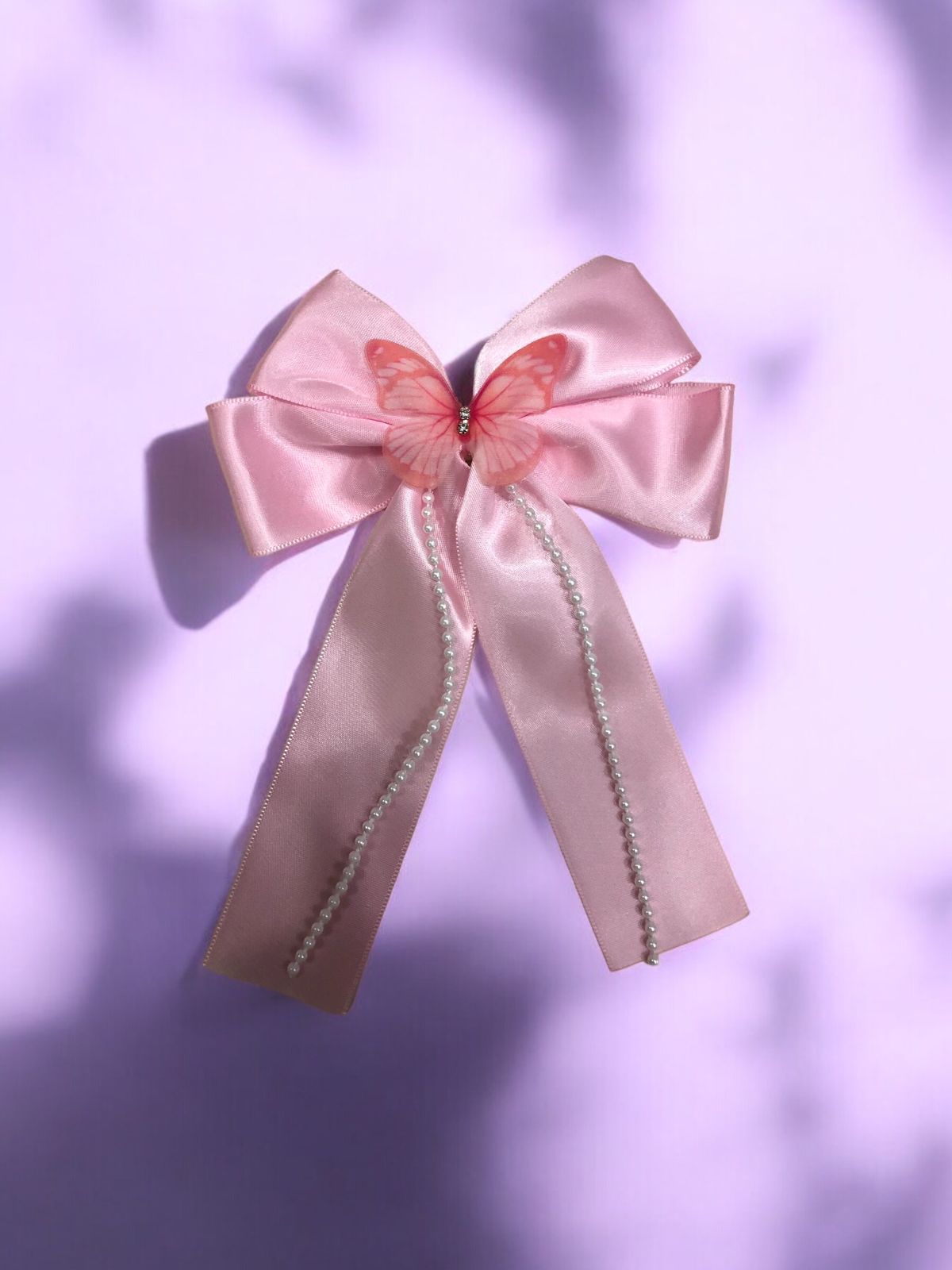 Satin Butterfly Bow Tails Hairpin With White Pearl Strings